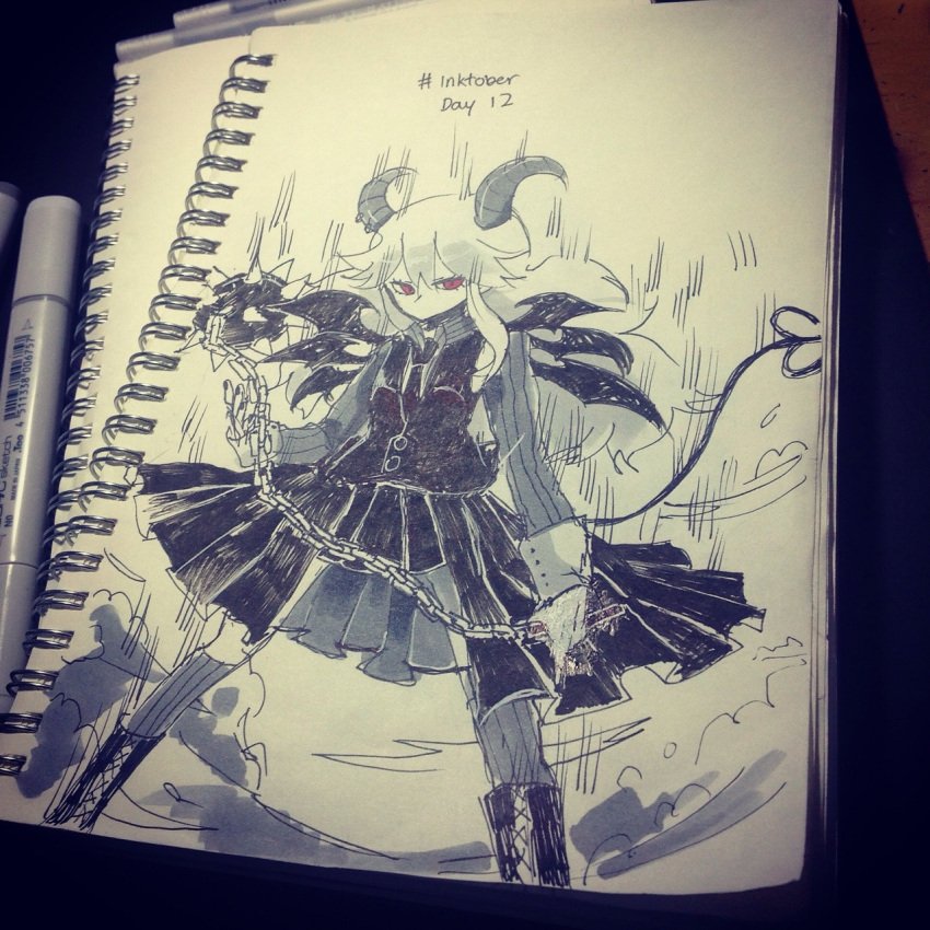 1girl, ball_and_chain_(weapon), demon_girl, demon_horns, demon_wings, funamusea, highres, holding, holding_weapon, horns, long_hair, looking_at_viewer, red_eyes, reficul_(funamusea), solo, suaviterra, weapon, wings