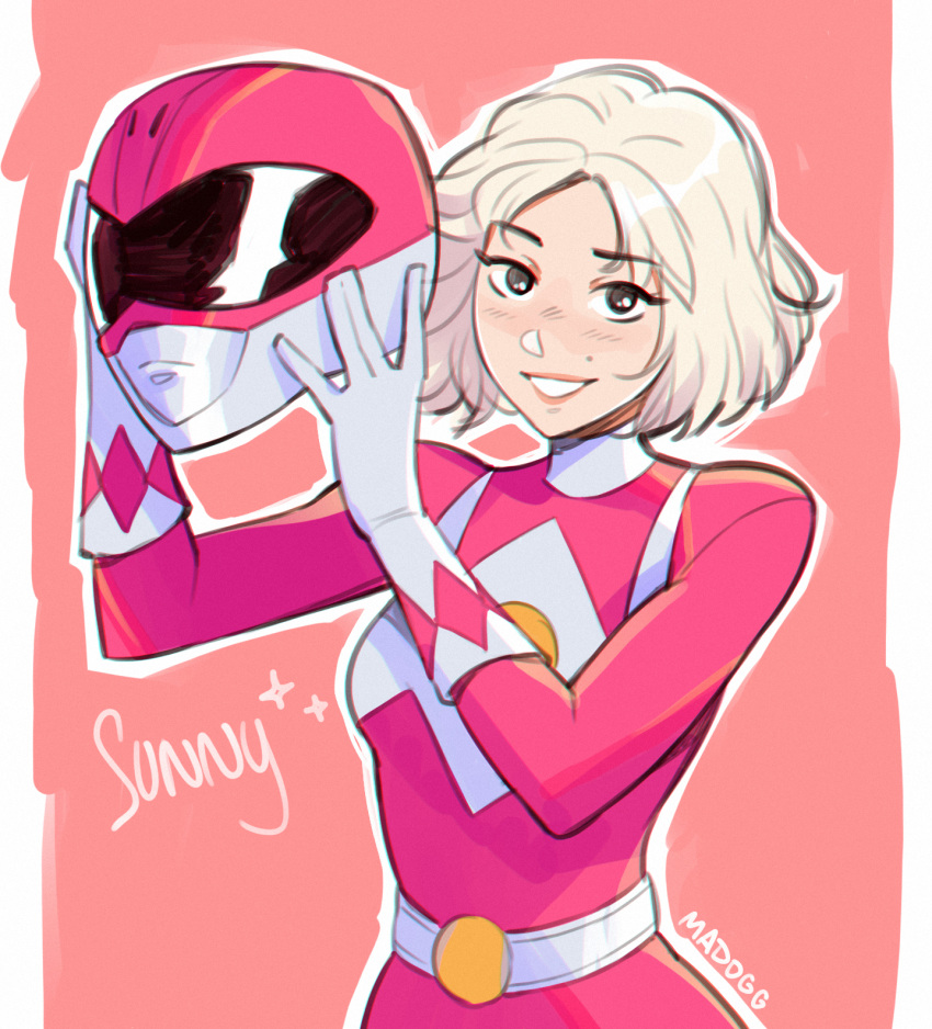 1girl, artist_name, blonde_hair, blush, bodysuit, breasts, character_name, cowboy_shot, gloves, grin, helmet, highres, madogg, medium_breasts, no_headwear, original, outline, pink_bodysuit, power_rangers, saban_entertainment, short_hair, smile, solo, sparkle, sunny_(madogg), teeth, unworn_headwear, unworn_helmet, white_gloves, white_outline