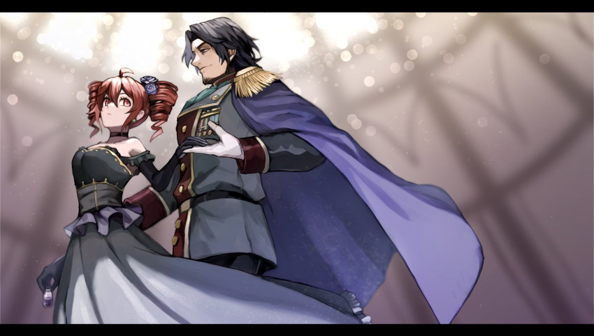 1boy, 1girl, ahoge, ameiro_tamanegi, badge, bare_shoulders, black_choker, black_dress, black_gloves, black_hair, cantarella_(vocaloid), cape, choker, dancing, dark-skinned_male, dark_skin, dress, drill_hair, elbow_gloves, epaulettes, facial_hair, flower, frimomen_(voicepeak), gloves, goatee, gown, hair_between_eyes, hair_flower, hair_ornament, highres, holding_hands, jacket, kasane_teto, letterboxed, long_sleeves, looking_at_another, medium_hair, military_jacket, poison, purple_cape, red_eyes, red_hair, twin_drills, utau, voicepeak, waltz_(dance), white_gloves
