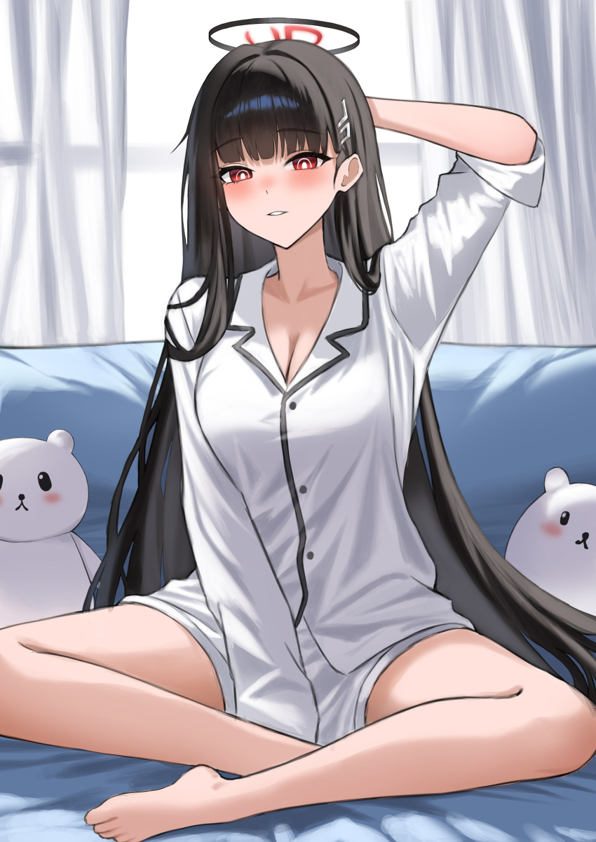 1girl, absurdres, black_hair, bllustration, blue_archive, couch, hair_ornament, halo