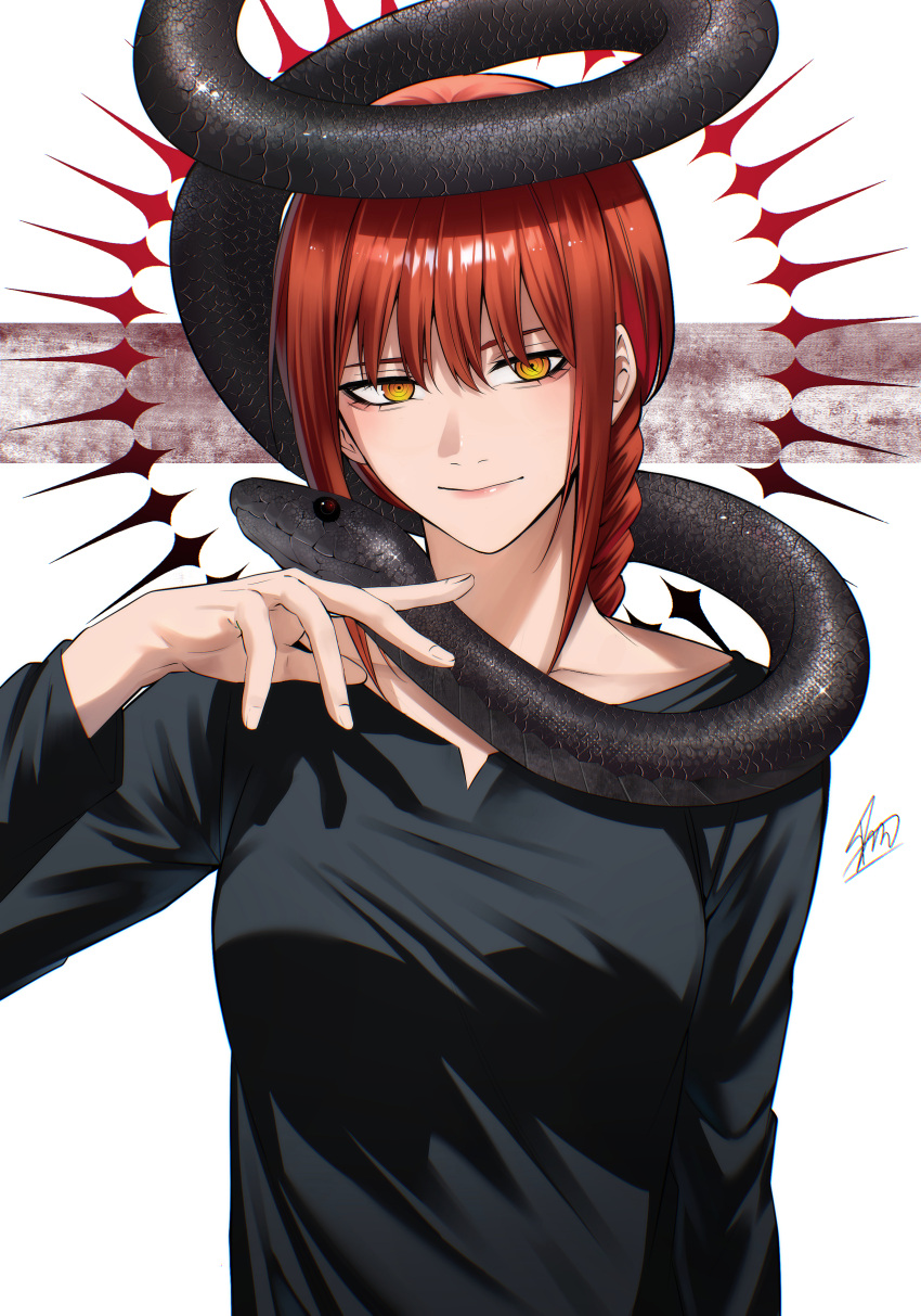 1girl, absurdres, asarizer, black_dress, black_snake, braid, chainsaw_man, closed_mouth