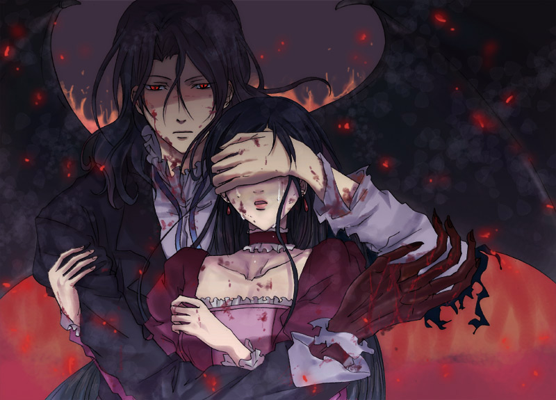 black_hair, blood, blood+, choker, claws, covering_eyes, demon_wings, dress, earrings, fire, flame, formal, glowing, glowing_eyes, haji, imuko, jewelry, long_hair, otonashi_saya, red_eyes, spark, suit, tears, torn_clothes, very_long_hair, wings