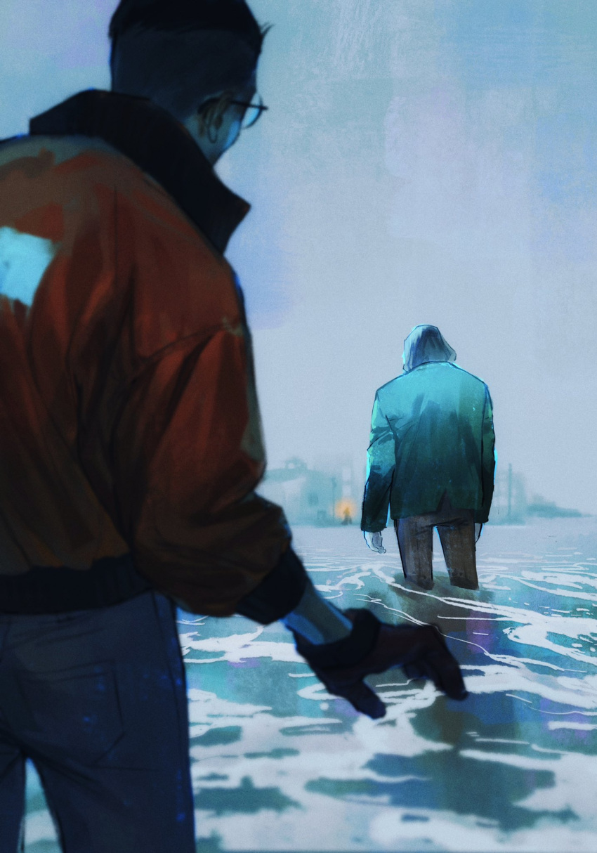 2boys, black_gloves, black_hair, blue_jacket, blue_sky, blurry, blurry_foreground, cowboy_shot