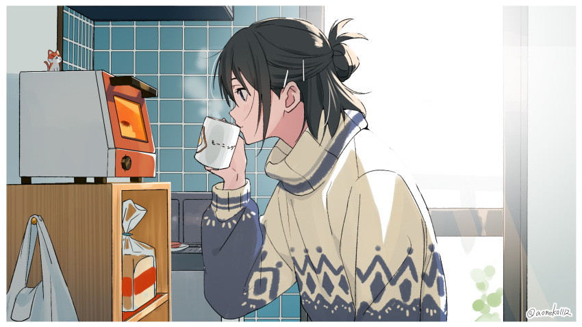 1girl, aoneko1112, black_hair, bread, commentary_request, cup, drinking, food