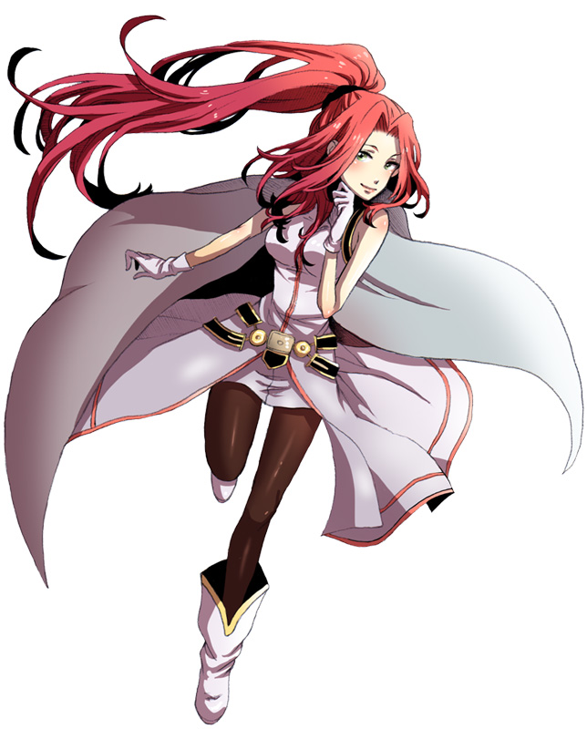 antenora, antenora_victoria, artist_request, belt, blush, cloak, gloves, green_eyes, long_hair, pantyhose, payot, ponytail, red_hair, redhead, shoes, smile, solo, source_request, white_background, wild_arms, wild_arms_2