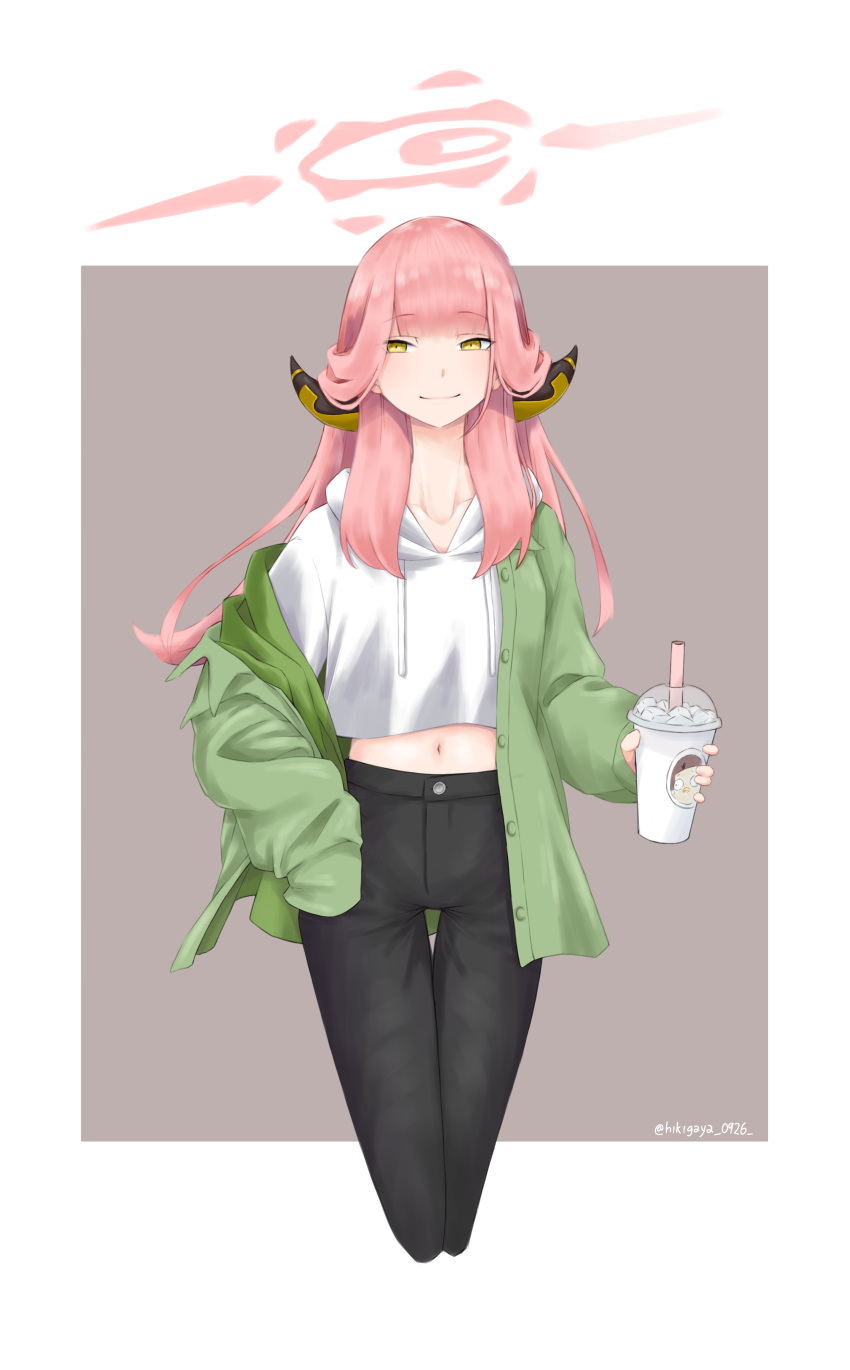 1girl, absurdres, alternate_costume, aru_(blue_archive), blue_archive, blunt_bangs, brown_background, brown_horns