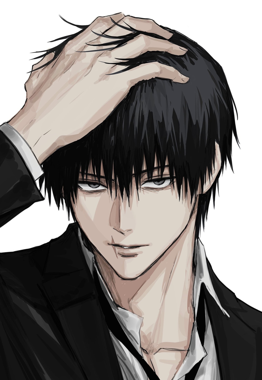 1boy, black_coat, black_hair, coat, collarbone, collared_shirt, fushiguro_touji, grey_eyes