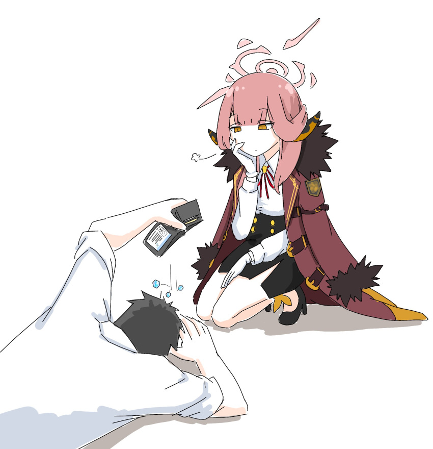 1boy, 1girl, ankle_bow, ankle_ribbon, aru_(blue_archive), black_footwear, black_hair, black_skirt