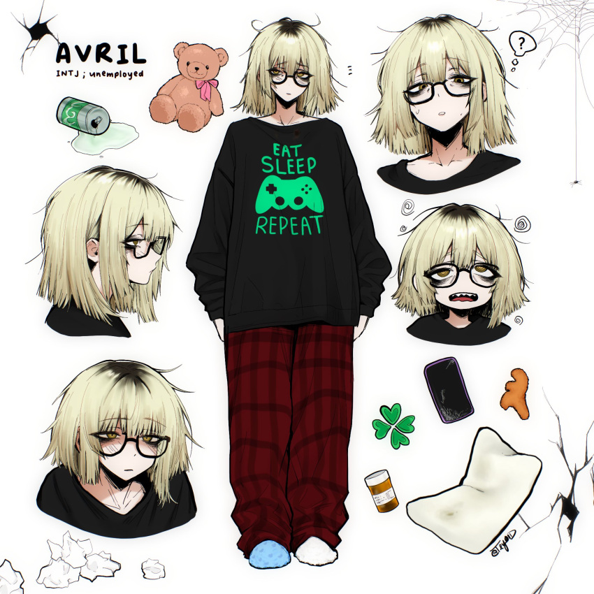 1girl, 4chan, ?, asymmetrical_footwear, bags_under_eyes, black-framed_eyewear, black_sweater, blonde_hair