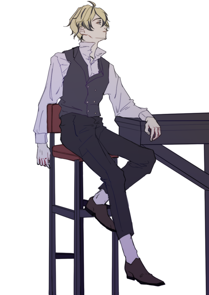 1boy, ahoge, ankle_socks, arm_on_table, black_hair, black_pants, blonde_hair, blue_eyes