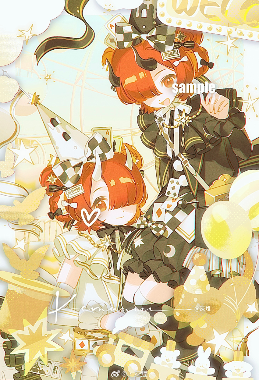 2girls, ace_(playing_card), ace_of_diamonds, balloon, bird, black_bow, black_bowtie, black_footwear