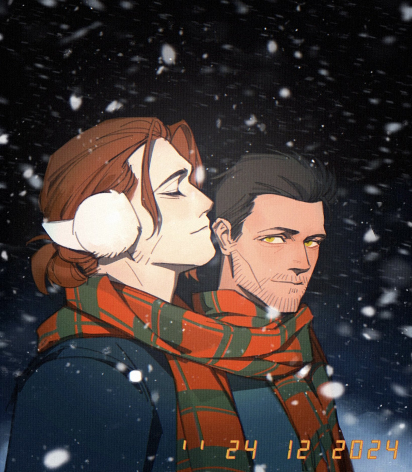 2boys, allie_lynee, black_hair, black_jacket, black_sky, blue_jacket, brock_rumlow, brown_hair