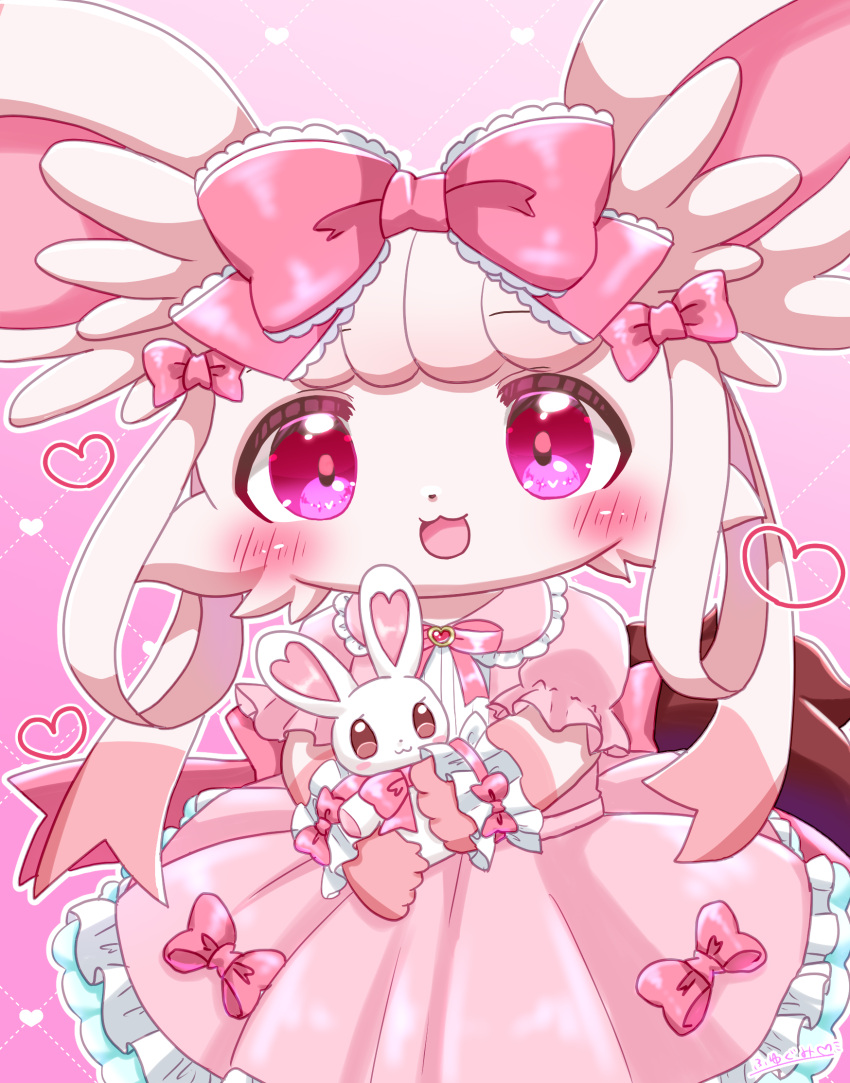 1girl, :3, :d, animal_ears, blush, bow, chibikemo, commentary_request