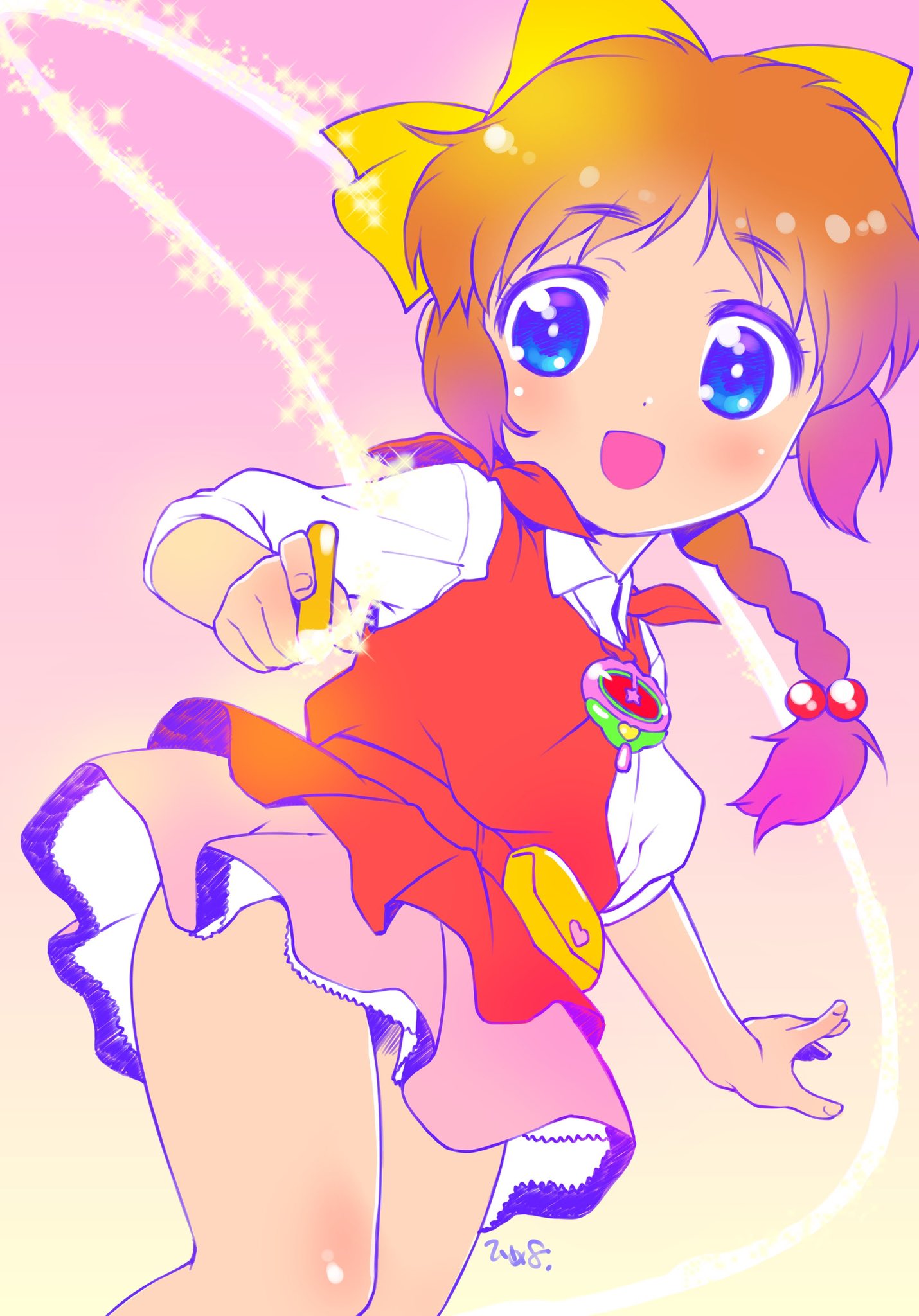 1girl, blue_eyes, braid, brown_hair, crayon, hair_bobbles, hair_ornament, hanazono_yumi