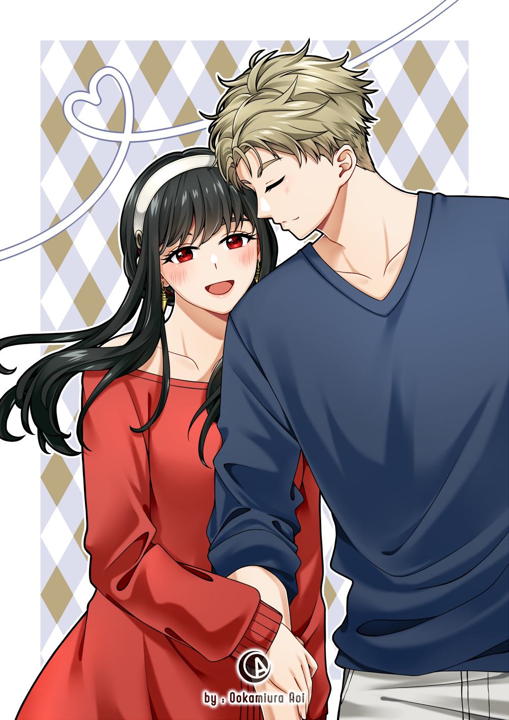 1boy, 1girl, :d, artist_name, bare_shoulders, black_hair, blonde_hair, blue_shirt, blush, border, closed_eyes, closed_mouth, collarbone, cowboy_shot, dress, earrings, english_commentary, gold_earrings, grey_pants, hairband, heart, highres, holding_another's_arm, husband_and_wife, jewelry, long_hair, long_sleeves, looking_at_viewer, ookamiura_aoi, open_mouth, pants, red_eyes, red_sweater, shirt, short_hair, smile, spy_x_family, sweater, sweater_dress, twilight_(spy_x_family), very_short_hair, white_border, white_hairband, yor_briar