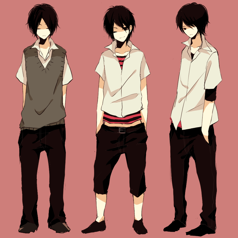 bad_id, black_eyes, black_hair, closed_eyes, hair_over_one_eye, hands_in_pockets, kwbr, male