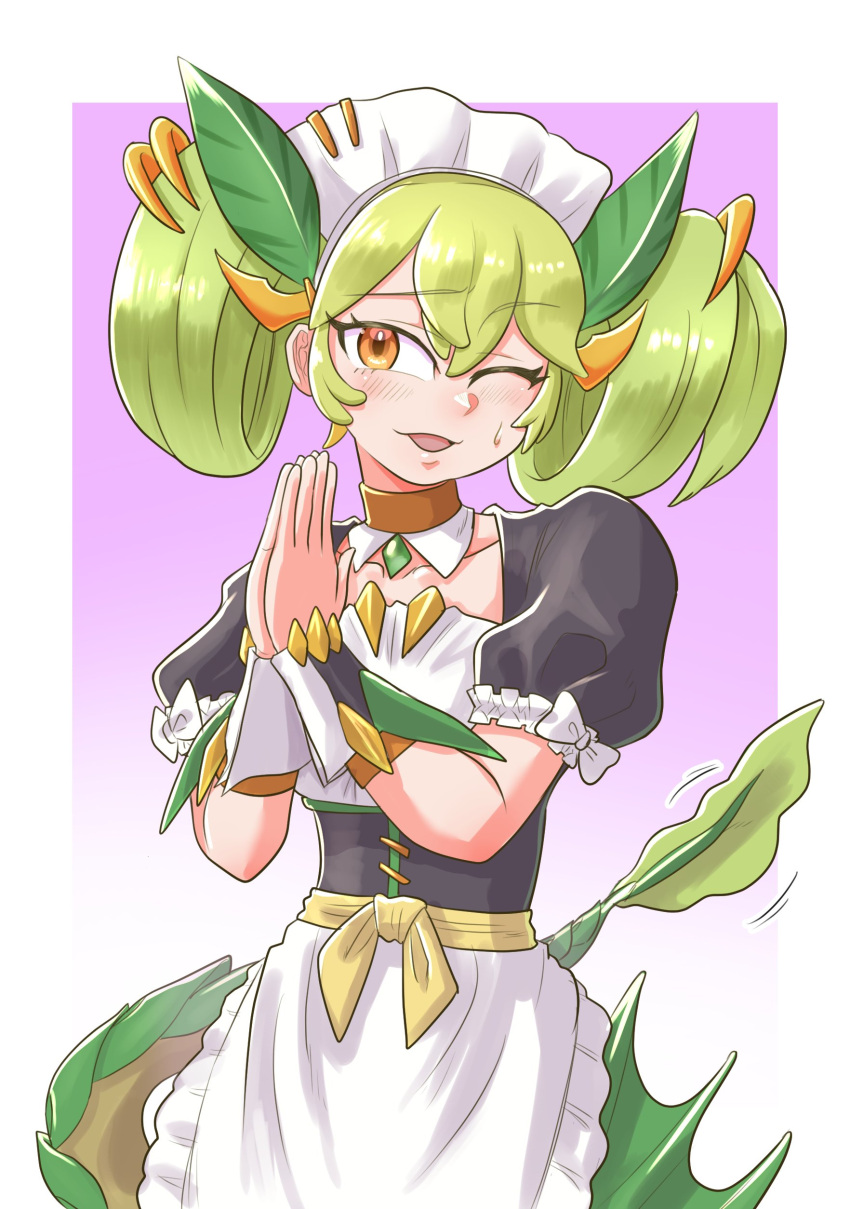 1girl, absurdres, apologizing, black_dress, dragon_girl, dragon_tail, dress, duel_monster, go_madare, green_hair, highres, maid, maid_headdress, nervous_smile, one_eye_closed, own_hands_clasped, own_hands_together, parlor_dragonmaid, smile, solo, standing, sweat, tail, twintails, yu-gi-oh!
