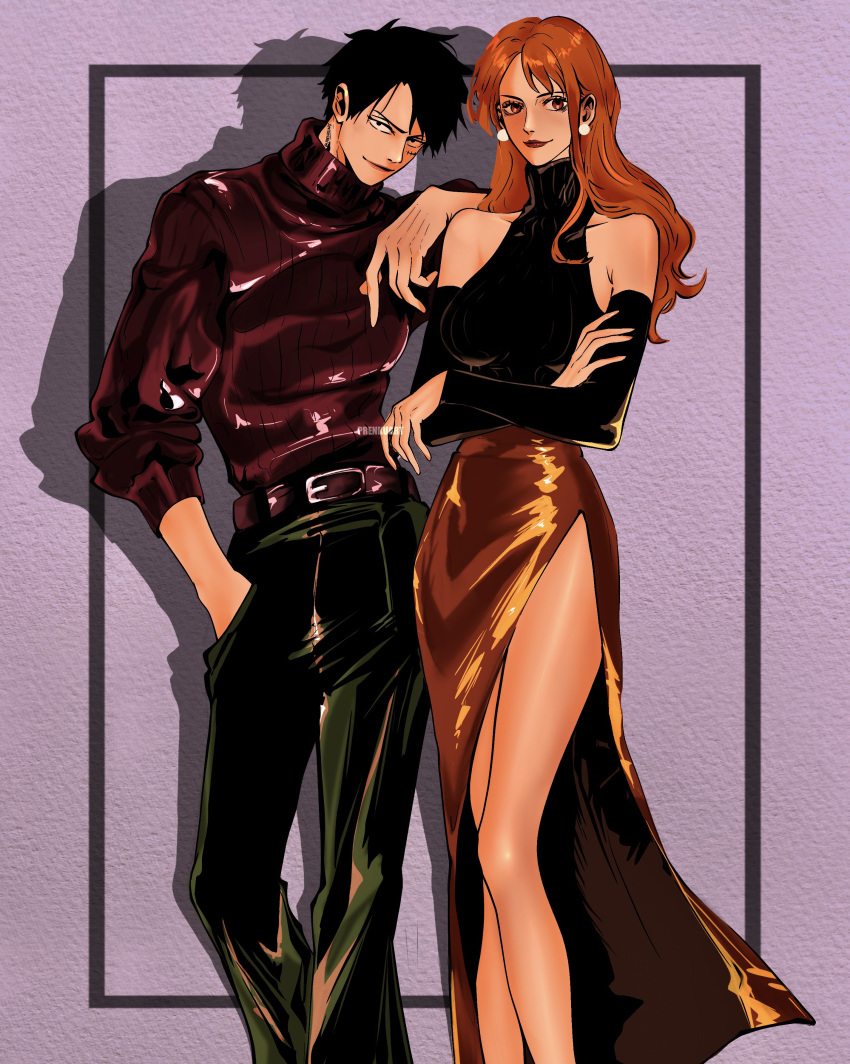 1boy, 1girl, absurdres, alternate_costume, bare_legs, bare_shoulders, belt, belt_buckle