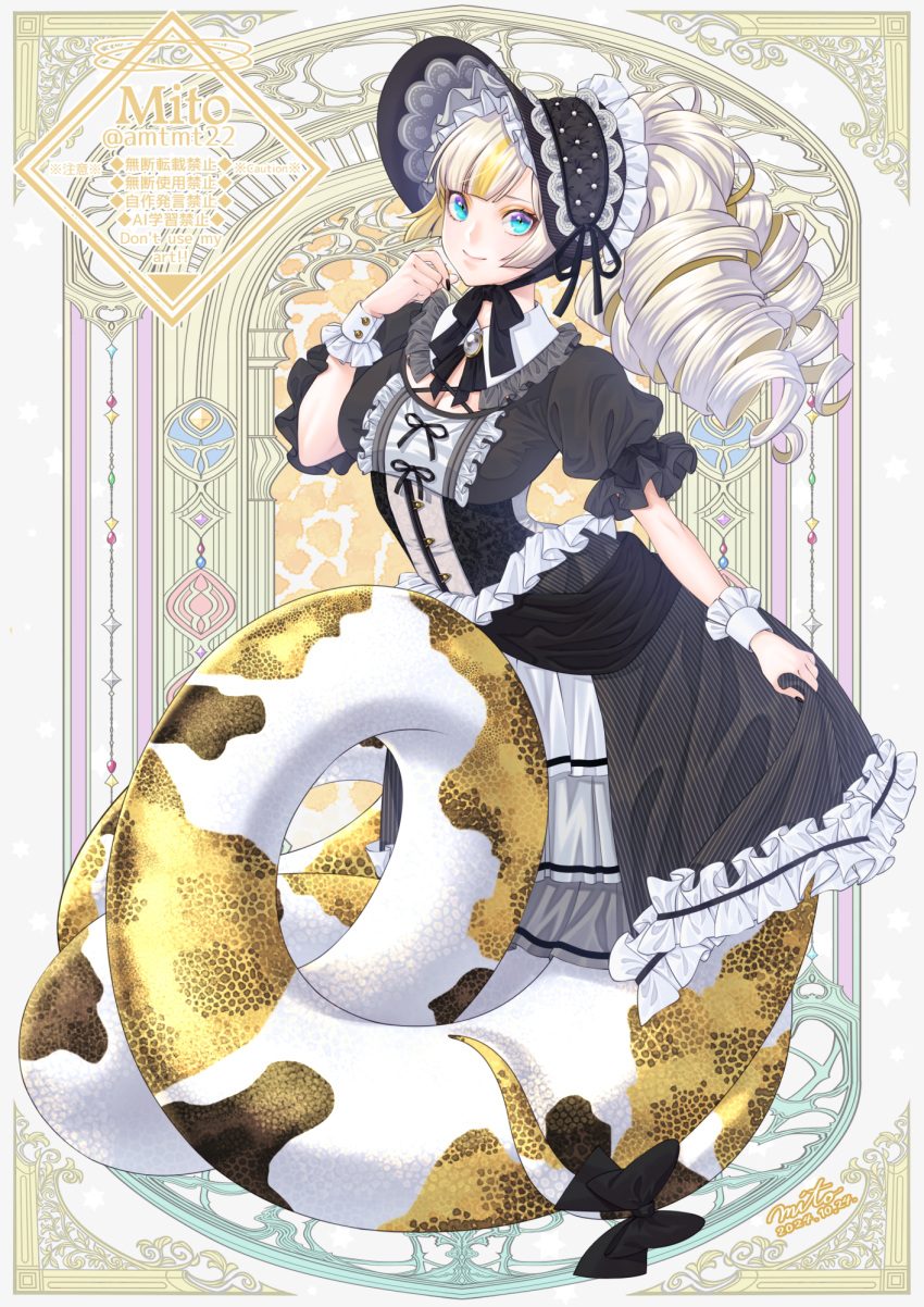1girl, blue_eyes, bonnet, frills, gothic_lolita, highres, lamia, lolita_fashion