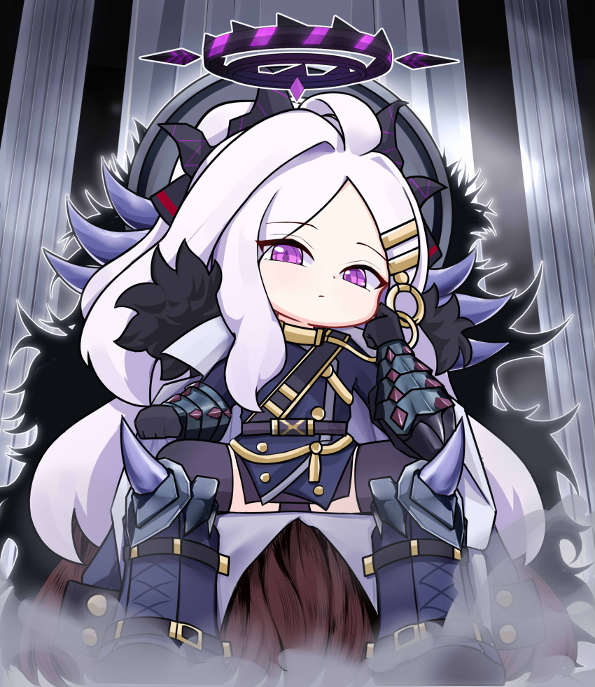 1girl, absurdres, ahoge, black_shirt, blue_archive, chibi, cosplay, derivative_work, duel_monster, erebus_the_underworld_monarch, erebus_the_underworld_monarch_(cosplay), fog, gauntlets, halo, hand_on_own_face, highres, hina_(blue_archive), looking_at_viewer, maomaoquing, parody, shirt, sitting, sitting_on_throne, solo, violet_eyes, white_hair, yu-gi-oh!