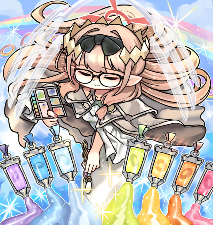 1girl, blue_archive, brown_cape, brown_hair, cape, chibi, chinatsu_(blue_archive), closed_eyes