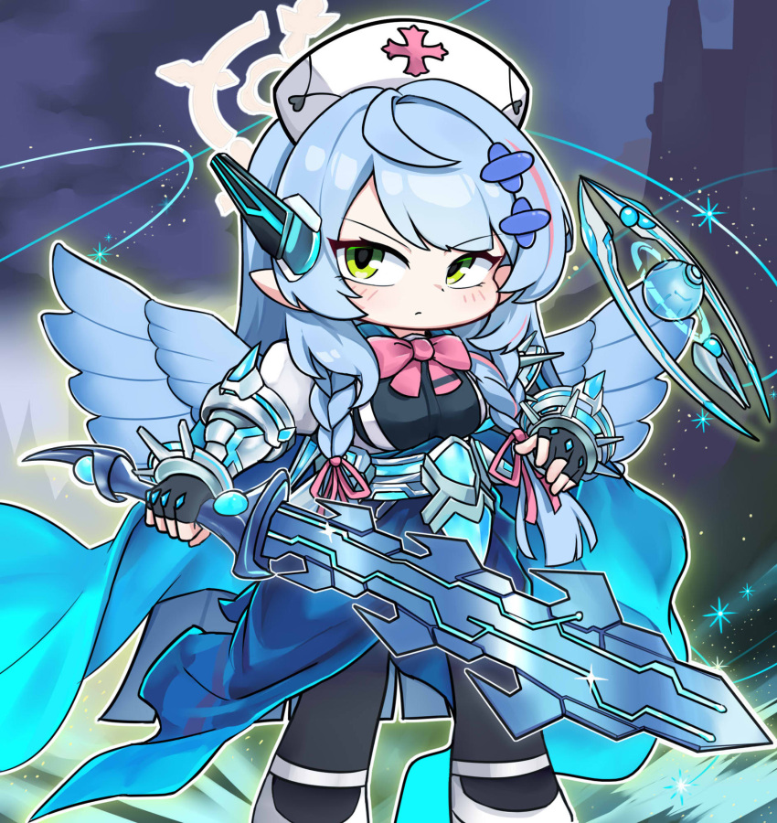 1girl, angel, angel_wings, armor, auram_(yu-gi-oh!), blue_archive, blue_hair, breasts