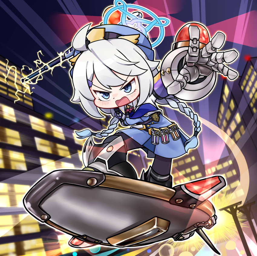 1girl, absurdres, ahoge, alarm_siren, baton_(weapon), blue_archive, blue_eyes, braid, building, chibi, city, derivative_work, duel_monster, electricity, full_body, halo, highres, hoverboard, inspector_boarder, kirino_(blue_archive), low_twin_braids, maomaoquing, mechanical_arms, night, parody, police, serious, solo, twin_braids, weapon, white_hair, yu-gi-oh!