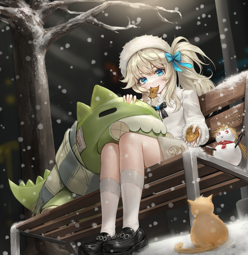 1girl, bare_tree, bench, black_bow, black_footwear, blonde_hair, blue_bow, blue_eyes