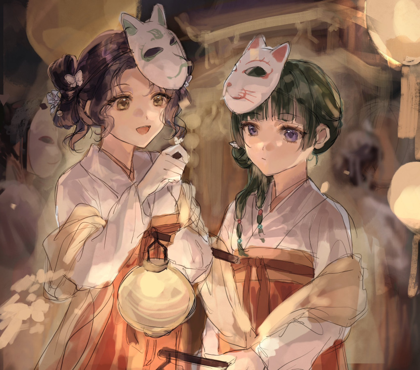 2girls, black_hair, blue_eyes, fox_mask, green_hair, highres, japanese_clothes, kusuriya_no_hitorigoto