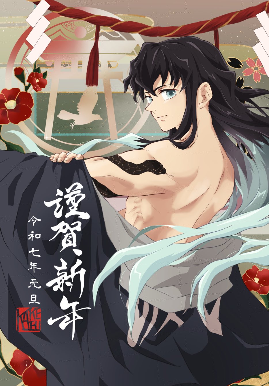 1boy, aqua_eyes, aqua_hair, arm_tattoo, bare_shoulders, black_hair, closed_mouth, commentary_request, demon_slayer_uniform, flower, highres, kakefu_302, kimetsu_no_yaiba, long_hair, looking_at_viewer, looking_back, male_focus, multicolored_hair, red_flower, rope, shimenawa, snake_tattoo, solo, tattoo, tokitou_muichirou, toned, toned_male, torii, upper_body