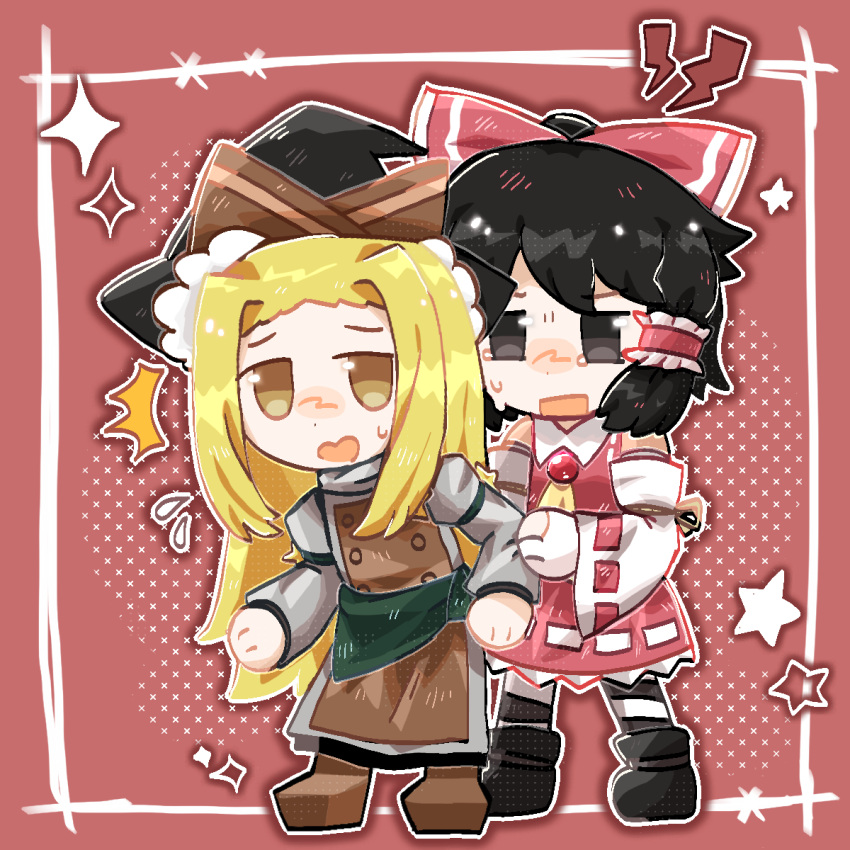 2girls, apron, black_eyes, black_footwear, black_hair, black_hat, blonde_hair, bow