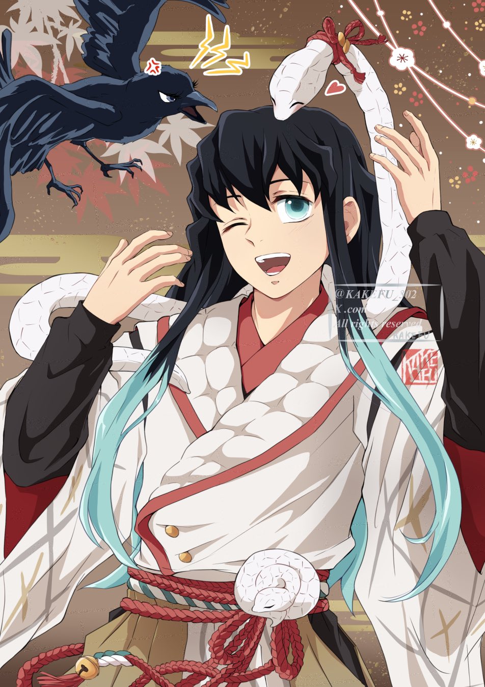 1boy, animal_around_neck, aqua_eyes, aqua_hair, bell, bird, black_hair, brown_hakama