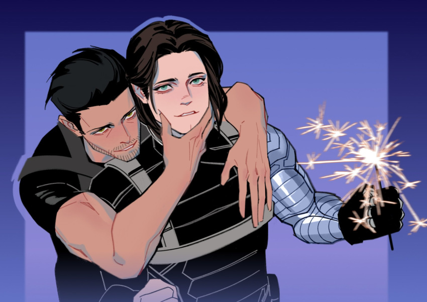 2boys, allie_lynee, aqua_eyes, black_gloves, black_hair, black_jacket, black_shirt, blue_border