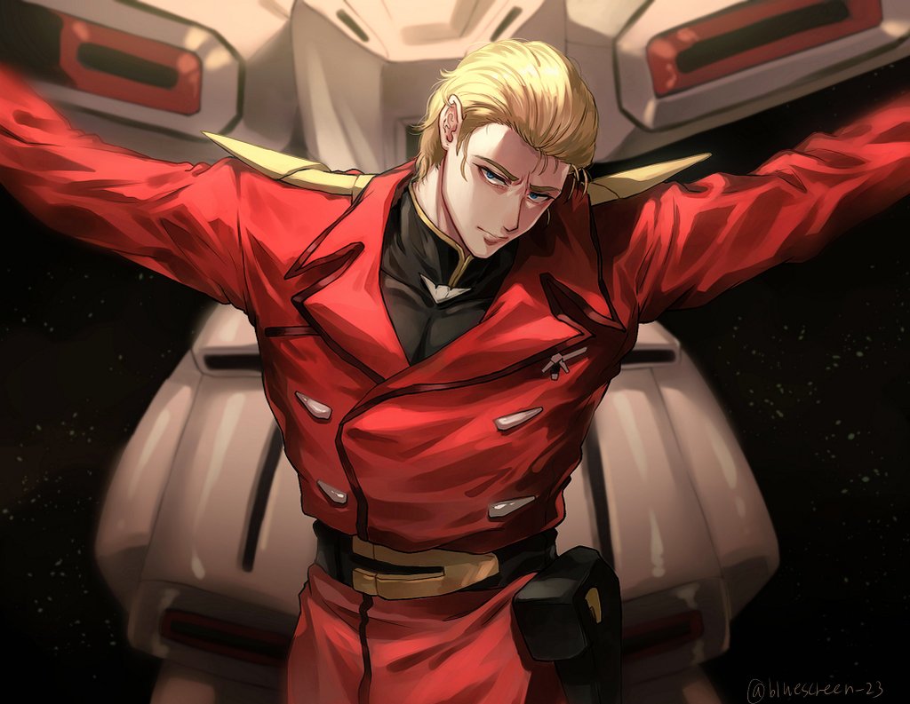 1boy, alpha_azieru, belt, black_belt, blonde_hair, blue_eyes, bluescreen_23, char's_counterattack