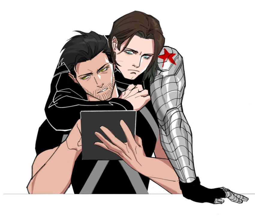 2boys, allie_lynee, arm_around_neck, black_gloves, black_hair, black_jacket, black_shirt, blue_eyes
