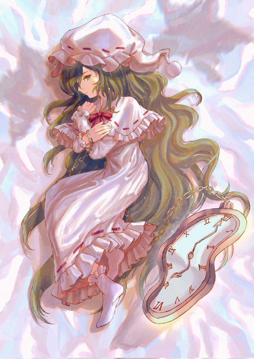 1girl, aeginflash, analog_clock, ankle_boots, boots, bow, bowtie, capelet