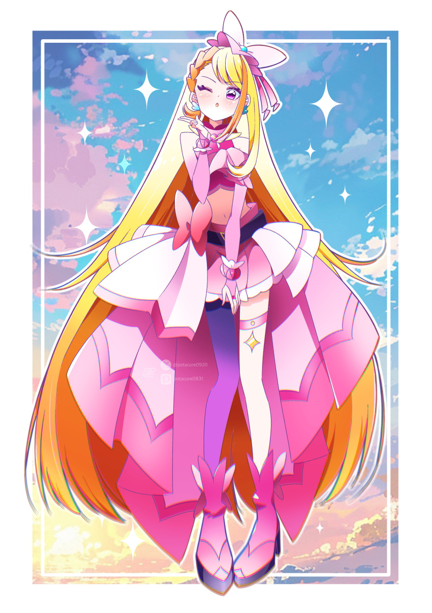 1girl, ;o, absurdres, belt, black_belt, blonde_hair, blowing_kiss, boots, braid, braided_bangs, bridal_gauntlets, brooch, butterfly_hat_ornament, clouds, cloudy_sky, commentary, cropped_shirt, cure_butterfly, day, earrings, elbow_gloves, full_body, gloves, hand_on_own_thigh, hat, hat_ornament, highres, hijiri_ageha, hirogaru_sky!_precure, jewelry, long_hair, looking_at_viewer, magical_girl, midriff, miniskirt, mob_cap, multicolored_hair, navel, one_eye_closed, orange_hair, outdoors, pink_footwear, pink_gloves, pink_hat, pink_shirt, pink_skirt, pixiv_username, pleated_skirt, potacure, precure, shirt, showgirl_skirt, single_leg_pantyhose, skirt, sky, sleeveless, sleeveless_shirt, solo, sparkle, standing, thigh_strap, twilight, twitter_username, two-tone_hair, very_long_hair, violet_eyes, wing_brooch