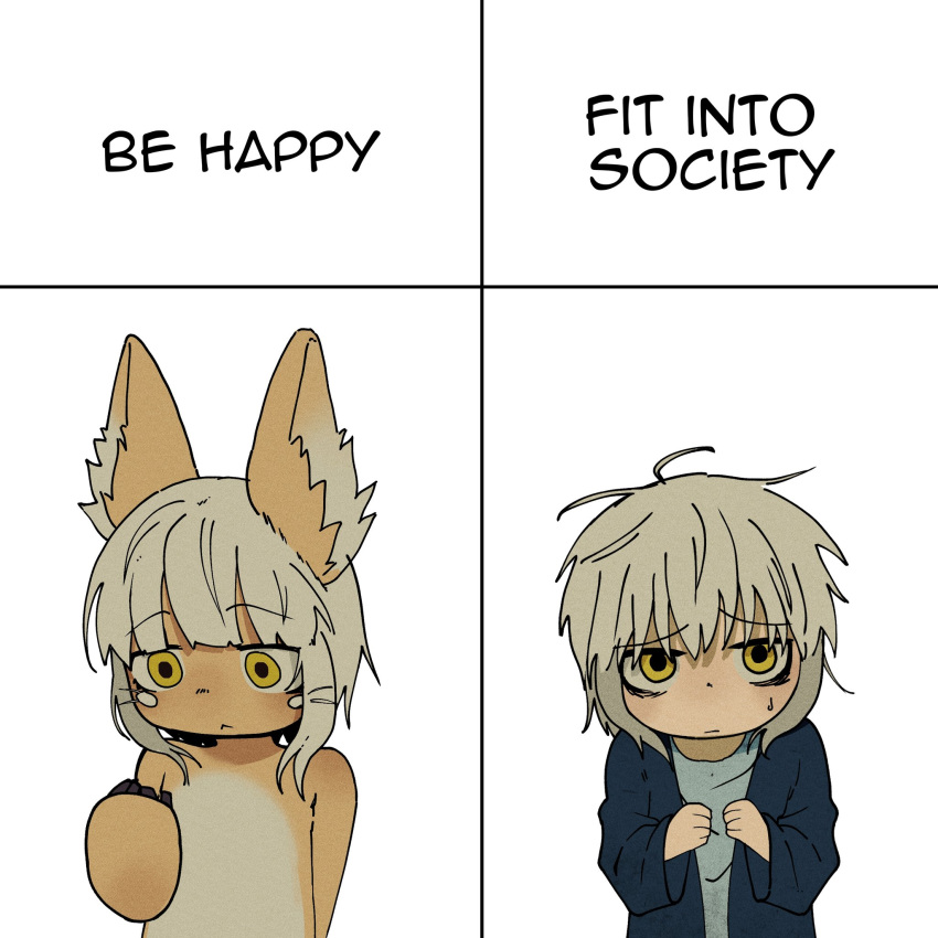 2others, animal_ears, bags_under_eyes, blush_stickers, commentary, dual_persona, english_text, furry