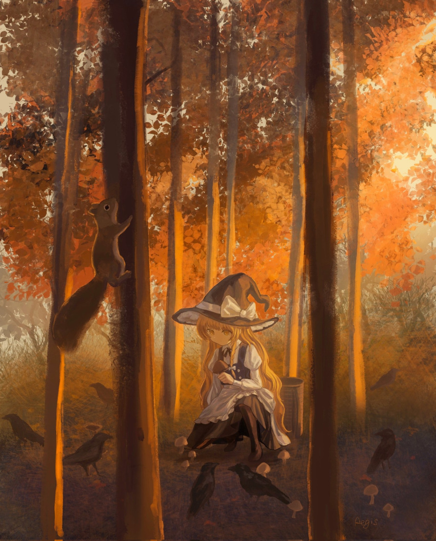 1girl, aeginflash, apron, autumn, autumn_leaves, bird, black_footwear, black_hat, black_ribbon, black_skirt, black_vest, blonde_hair, boots, bow, braid, bush, canopy_(forest), collared_shirt, commentary_request, crow, expressionless, forest, frilled_apron, frills, grass, hair_bow, hat, hat_bow, hat_ribbon, highres, holding, holding_mushroom, juliet_sleeves, kirisame_marisa, knee_boots, leaf, long_hair, long_sleeves, looking_at_animal, mushroom, nature, neck_ribbon, on_one_knee, outdoors, puffy_sleeves, ribbon, shirt, sidelighting, signature, single_braid, skirt, solo, squirrel, sunset, touhou, tree, very_long_hair, vest, waist_apron, wavy_hair, white_apron, white_bow, white_ribbon, white_shirt, witch_hat, yellow_eyes