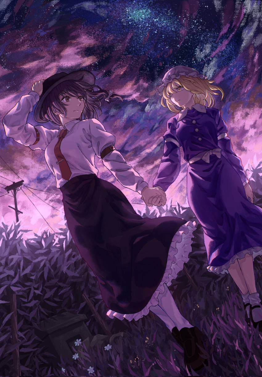 2girls, bababa, blonde_hair, bow, brown_eyes, brown_hair, bush, clouds