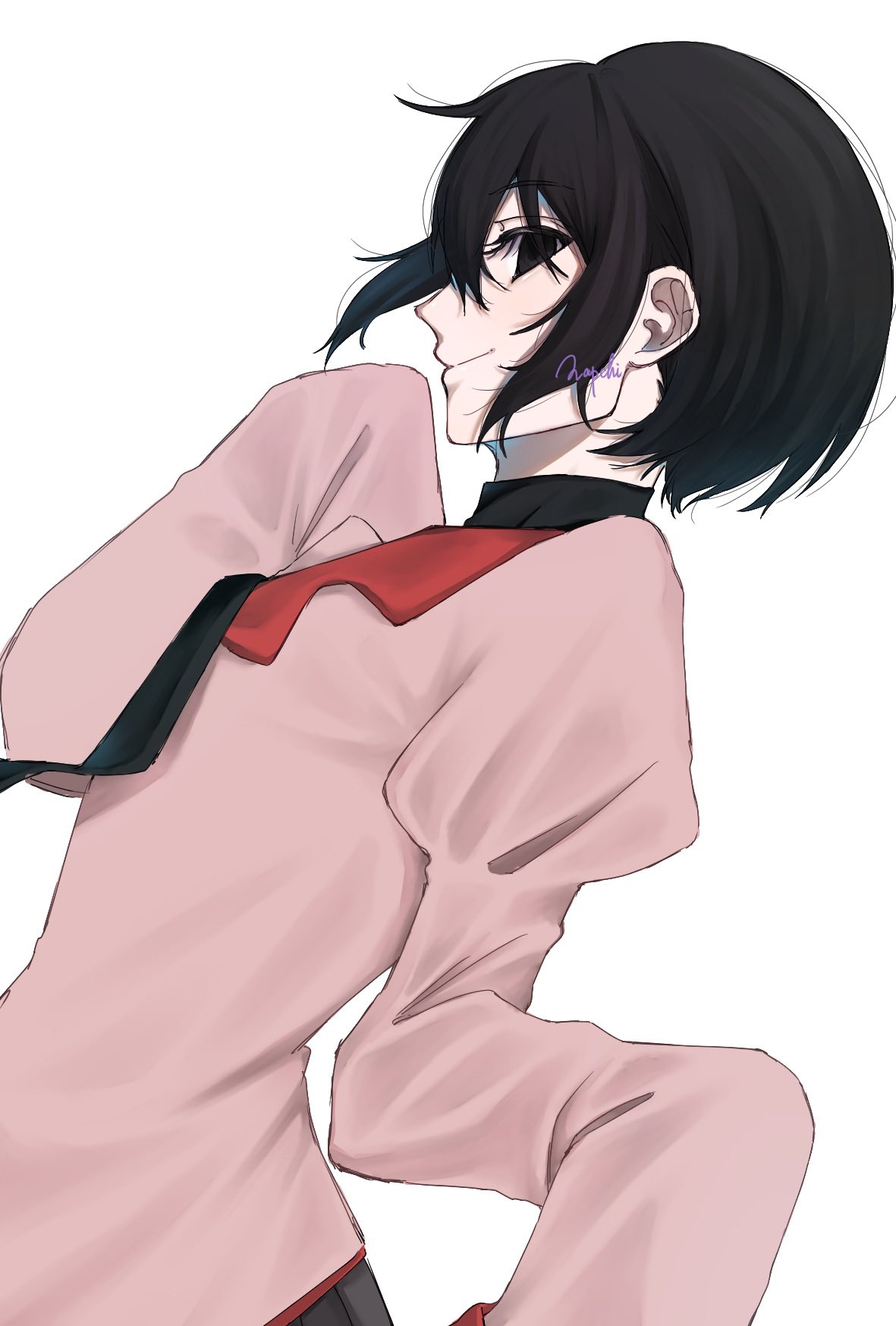 1girl, artist_name, black_eyes, black_hair, black_necktie, black_skirt, black_undershirt, closed_mouth