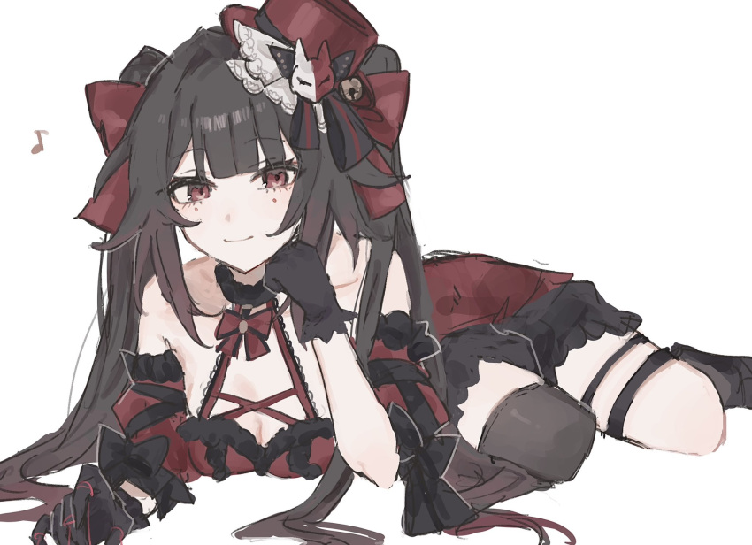 1girl, asymmetrical_legwear, bare_shoulders, black_choker, black_gloves, black_hair, breasts, brown_hair