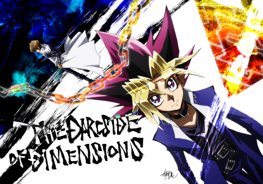 2boys, belt, black_belt, black_choker, black_footwear, black_hair, black_pants, black_shirt, blue_jacket, blue_pants, blue_sky, border, brown_eyes, brown_hair, chain, choker, coat, colored_bangs, corhydrae, dappled_sunlight, dyed_bangs, english_text, facing_away, facing_to_the_side, facing_viewer, hand_on_own_hip, highres, jacket, kaiba_seto, knee_pads, light_particles, long_sleeves, looking_at_viewer, looking_to_the_side, male_focus, metal_wrist_cuffs, millennium_puzzle, multicolored_hair, multiple_boys, muto_yugi, night, night_sky, official_style, open_clothes, open_jacket, ornate_border, pants, popped_collar, red_eyes, red_hair, school_uniform, shirt, signature, sky, smile, spiky_hair, sunlight, technology, techwear, trench_coat, walking_away, white_background, white_jacket, wind, yu-gi-oh!, yu-gi-oh!_the_dark_side_of_dimensions