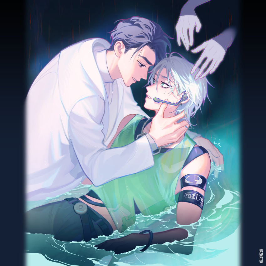 2boys, absurdres, alien_stage, armband, artist_name, black_eyes, black_hair, black_tank_top