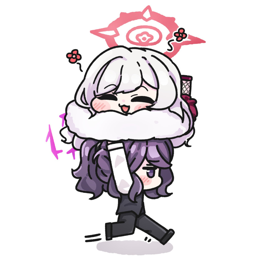 2girls, black_pants, black_vest, blue_archive, blush_stickers, carrying, carrying_person, closed_eyes