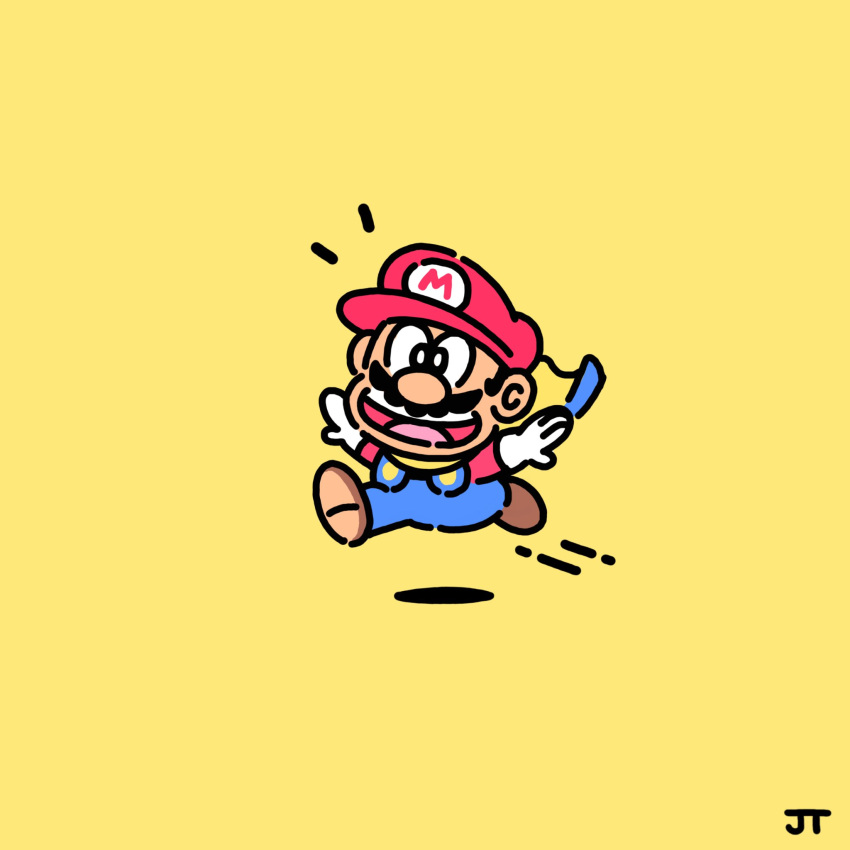1boy, black_eyes, black_hair, blue_overalls, brown_footwear, cape, cape_mario, chibi