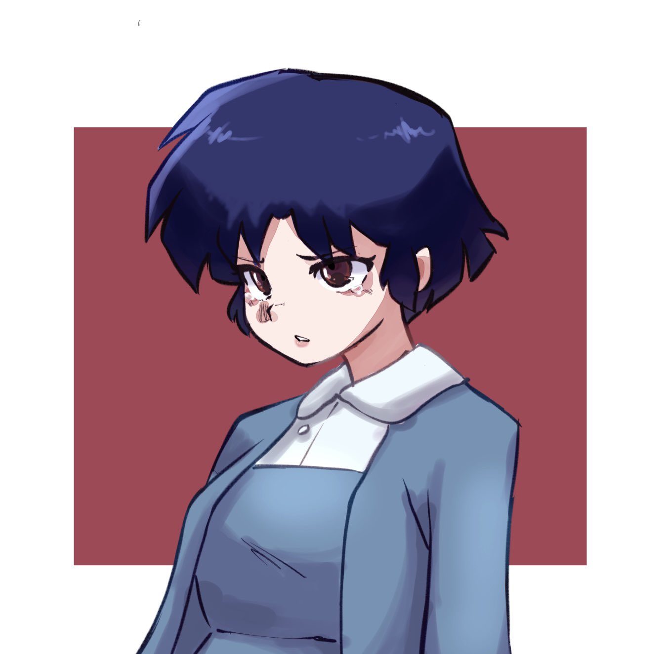 1girl, bags_under_eyes, blouse, blue_dress, blue_hair, blue_jacket, blunt_ends, bob_cut, border, brown_eyes, collared_shirt, crying, crying_with_eyes_open, dress, dress_shirt, furrowed_brow, fuurinkan_high_school_uniform, highres, jacket, mychi_drawings, outside_border, parted_lips, pinafore_dress, ranma_1/2, red_background, sad, school_uniform, shirt, short_hair, sleeveless, sleeveless_dress, solo, tearing_up, tears, tendou_akane, upper_body, upturned_eyes, white_border, white_shirt