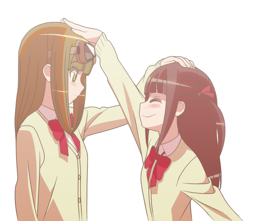 2girls, ^_^, blunt_bangs, bow, bowtie, brown_eyes, brown_hair, cardigan, closed_eyes, closed_mouth, collared_shirt, eye_contact, from_side, goggles, goggles_on_head, green_eyes, hair_bow, hand_on_another's_head, highres, long_hair, long_sleeves, looking_at_another, mukunoki_chihiro, multiple_girls, red_bow, red_bowtie, school_uniform, shinohayu_the_dawn_of_age, shirt, simple_background, smile, standing, transparent_background, two_side_up, upper_body, white_shirt, yellow_cardigan, yukinaga_yuzuha