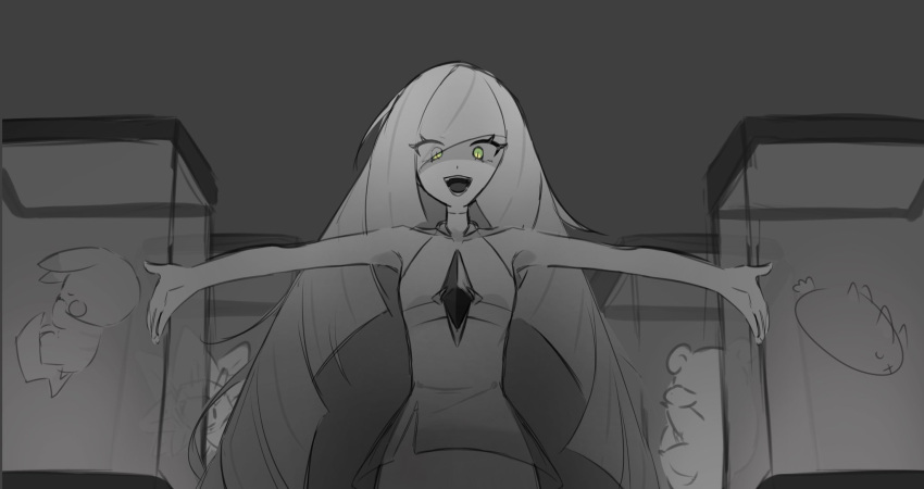 1girl, :d, blunt_bangs, ceiling, commentary_request, diamond_(shape), dress, eyelashes