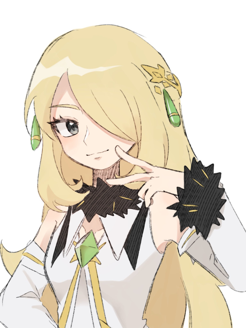 1girl, blonde_hair, closed_mouth, collared_shirt, cynthia_(arc_suit)_(pokemon), cynthia_(pokemon), detached_sleeves, eyelashes
